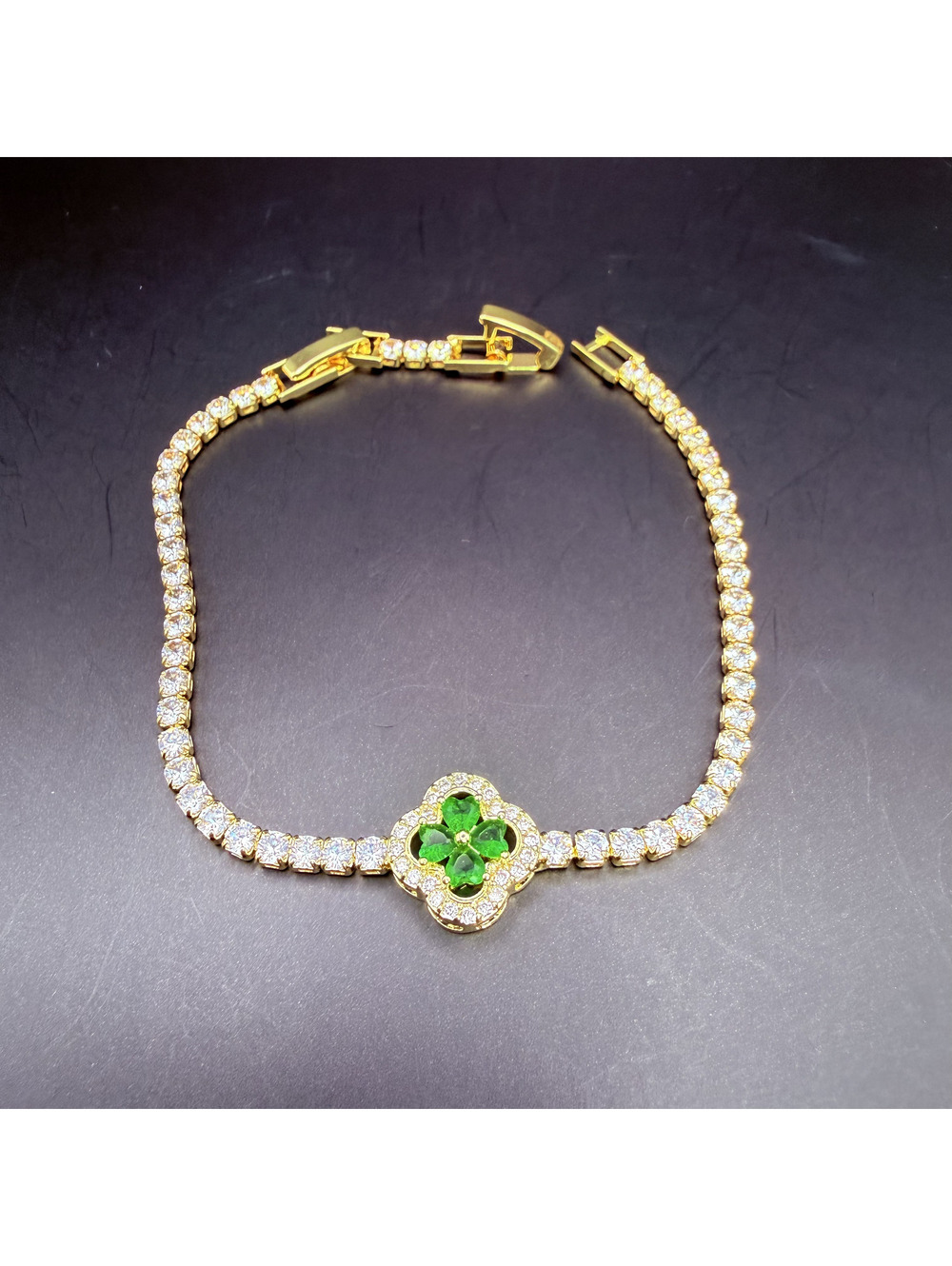 candy+clover green clover and clear crystal gold tone tennis bracelet